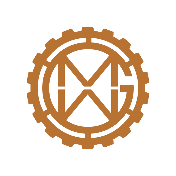 Brown gear-like logo with 'MG' initials on a white background